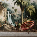 Modern interior living room wallpaper with wallpaper of a forest with waterfall, trees, palms, birds and egrets in vintage