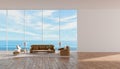 Modern interior living room wood floor sofa set sea view summer 3d rendering Royalty Free Stock Photo
