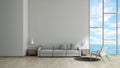 Modern interior living room wood floor white texture wall with gray sofa and chair window sea view summer template for mock up 3d Royalty Free Stock Photo