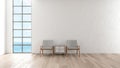 Modern interior living room wood floor white wall. chair in living room window sea view summer 3d rendering Royalty Free Stock Photo