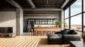 The modern interior of the lounge bar is decorated in an industrial loft style design with sunlight through large Royalty Free Stock Photo