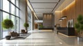 Modern interior of luxury office hall, clean shiny floor and reception in lobby of commercial building. Concept of marble tile,
