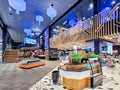 Modern interior of a multi-level Apollo cinema with a food court area in Spice shopping mall, Riga. Royalty Free Stock Photo