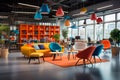 Modern interior of open space office with colorful furniture and light lamps