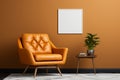 Modern Interior with Orange Colored Leather Armchair and Houseplant Decoration in Minimalist Room