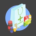 Modern interior pharmacy and drugstore. Sale of vitamins and medications.