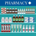 Modern interior pharmacy. Medicine pills, capsules,