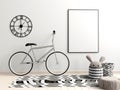 Modern interior with posters and bicycle. poster mock up. 3D il