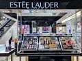 Modern interior of premium perfume Estee Lauder boutique in Stockmann shopping mall, Riga