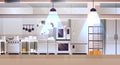 Modern interior of professional cafe or restaurant kitchen with kitchenware and equipment cooking culinary concept flat