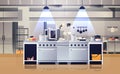 Modern interior of professional cafe or restaurant kitchen with kitchenware and equipment cooking culinary concept flat