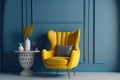 Modern interior room with armchair.Blue and yellow wall background.3d rendering Royalty Free Stock Photo