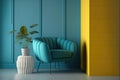 Modern interior room with armchair.Blue and yellow wall background.3d rendering Royalty Free Stock Photo