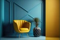 Modern interior room with armchair.Blue and yellow wall background.3d rendering Royalty Free Stock Photo