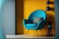Modern interior room with armchair.Blue and yellow wall background.3d rendering Royalty Free Stock Photo