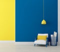 Modern interior room with armchair.Blue and yellow wall background Royalty Free Stock Photo