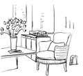 Modern interior room sketch. Table, chair, flowers Royalty Free Stock Photo