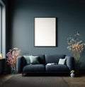 Modern Living Room with Blue Sofa and Blank Frame Mockup Royalty Free Stock Photo