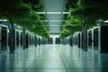 Modern interior of a server room with green trees. 3D rendering, Bright server room with trees and grass growing out out of