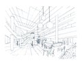 Modern interior shopping center, mall. Contour sketch illustration with food court.