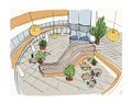 Modern interior shopping center, mall. Top view. Colorful sketch illustration. Royalty Free Stock Photo