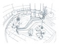 Modern interior shopping center, mall. Top view. Contour sketch illustration. Royalty Free Stock Photo