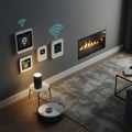 Modern interior showcasing a smart home setup. A sleek electric fireplace is set into Royalty Free Stock Photo
