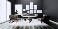 Modern interior with sofa and arm chair on room dark Wall and floor wooden tiles. 3D rendering