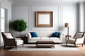 Modern interior with sofa with blue cushions, armchairs, table, floor lamp and indoor tree. On the wall hangs an empty