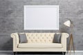 Modern interior with sofa, lamp and blank poster. Mock up, 3D Rendering, Interior mockup with picture frame on a Wall, AI Royalty Free Stock Photo