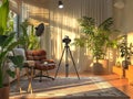 Modern interior space, camera on tripod aimed at armchair for video interview