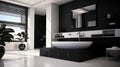 Modern interior of a spacious black and white bathroom with a white bathtub Royalty Free Stock Photo