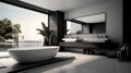Modern interior of a spacious black and white bathroom with a white bathtub Royalty Free Stock Photo