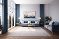 Modern interior. Spacious living room with large windows. Dusty blue furniture and wall art above the sofa with a mountain Royalty Free Stock Photo