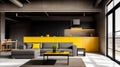 The modern interior of a studio apartment with a kitchen is decorated with an industrial loft style design in yellow Royalty Free Stock Photo