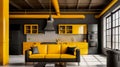 The modern interior of a studio apartment with a kitchen is decorated with an industrial loft style design in yellow Royalty Free Stock Photo