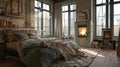 Interior of stylish bedroom with fireplace. Loft style room design. Royalty Free Stock Photo