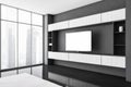Modern interior. Television mockup screen in wooden and grey room