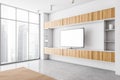 Modern interior. Television mockup screen in wooden and white room