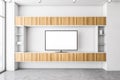 Modern interior. Television mockup screen in wooden and white room