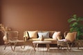 Modern interior in terracotta color with leather sofa, rattan armchairs and flower