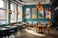 A modern interior of a trendy cafe in eclectic style