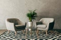 modern interior with vintage furniture in loft style with concrete wall Royalty Free Stock Photo