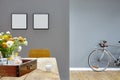 Modern interior vintage look table and bike in two rooms