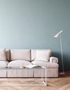Modern interior with white sofa and empty blue mock up wall background