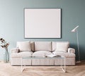 Modern interior with white sofa and empty white picture frame