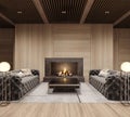 Modern interior with wooden wall ceiling and black stone fireplace