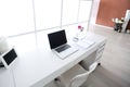 Modern interior workplace with laptop in white colors