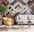 Modern interior with yellow armchair in front of a accent wall Royalty Free Stock Photo