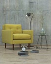 Modern interior with yellow sofa background, 3D